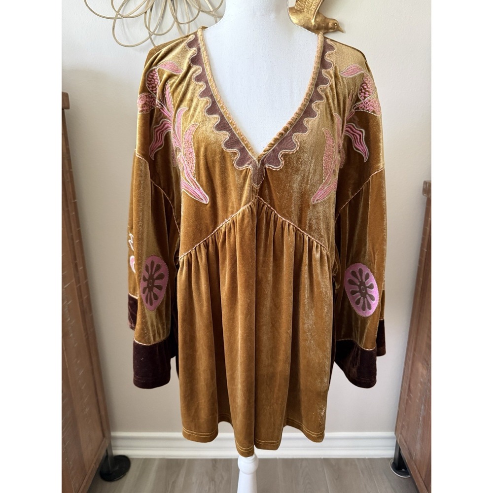 Velvet Tunic Top L Gold Embroidered Boho Western Bell Sleeve Babydoll